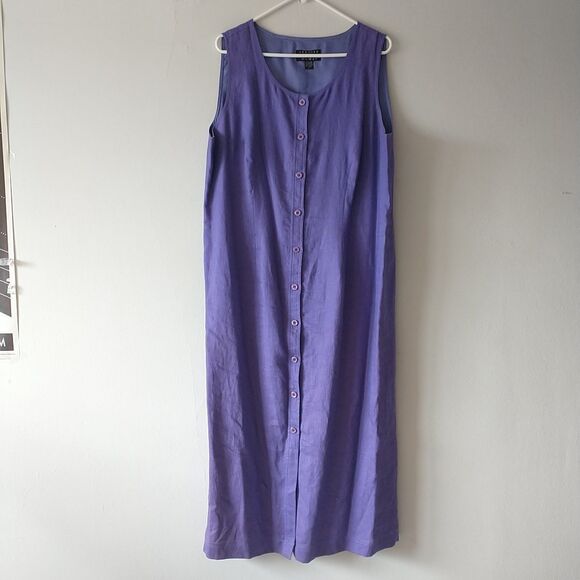 Spenser Jeremy Woman Shift Dress 16 Purple 100% Linen Front Button Sleeveless - Picture 1 of 6